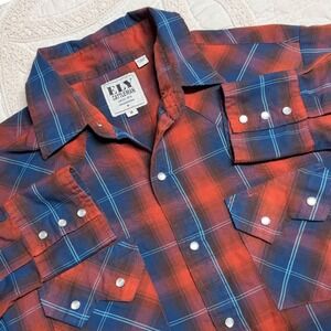 Ely Cattleman Medium Western Shirt Mens Red Blue Plaid Pearl Snap Rockabilly